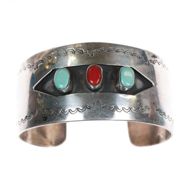 6.625" Vintage Navajo turquoise/coral sterling silver shadowbox cuff bracelet - Estate Fresh Austin