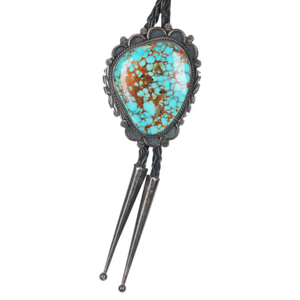 c1980 Benny Apachito Navajo silver red webbed Kingman turquoise bolo tie - Estate Fresh Austin