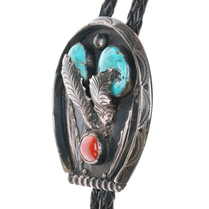 c1950 picto mark Native American silver Horseshoe turquoise/coral bolo tie - Estate Fresh Austin