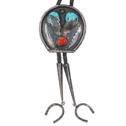 c1950 picto mark Native American silver Horseshoe turquoise/coral bolo tie - Estate Fresh Austin