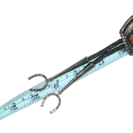c1950 picto mark Native American silver Horseshoe turquoise/coral bolo tie - Estate Fresh Austin