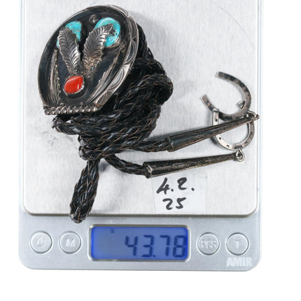 c1950 picto mark Native American silver Horseshoe turquoise/coral bolo tie - Estate Fresh Austin