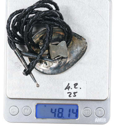 1980's RBP Navajo sterling silver bolo tie w/ two Kingman Turquoise stones - Estate Fresh Austin