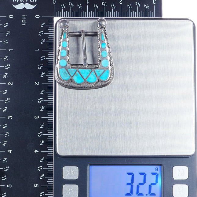 c1950 Jack Weekooty Zuni Channel inlay turquoise cast silver belt buckle - Estate Fresh Austin