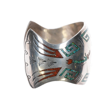 6.875 K Navajo 1970's sterling chip inlay cuff bracelet with Yei's - Estate Fresh Austin