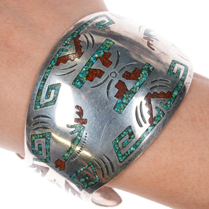 6.875 K Navajo 1970's sterling chip inlay cuff bracelet with Yei's - Estate Fresh Austin
