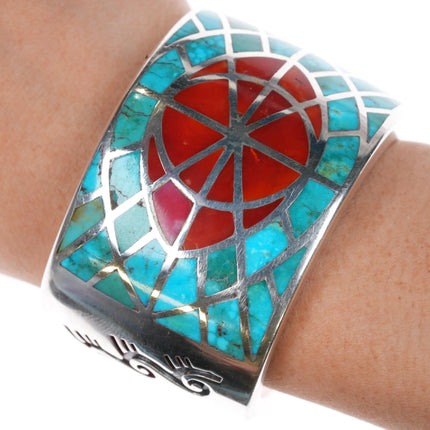 6" Joe Begay Navajo silver , turquoise, and coral cuff bracelet - Estate Fresh Austin