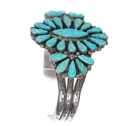 6.5" Vintage Zuni sterling silver carved turquoise cluster cuff bracelet - Estate Fresh Austin