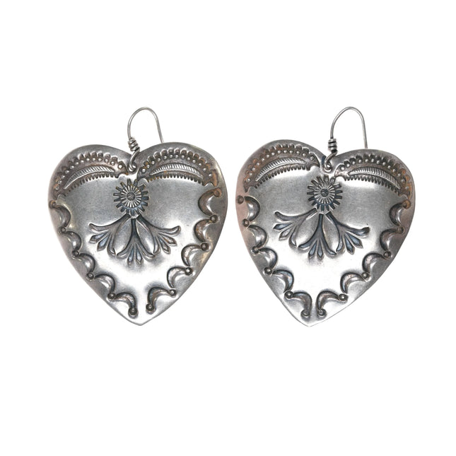 Large Retro Southwestern sterling Hand stamped hearts earrings - Estate Fresh Austin