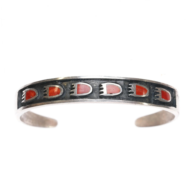 6.25" Vintage Zuni sterling bear paw coral inlay cuff bracelet - Estate Fresh Austin