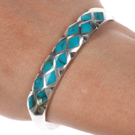 6.5" Vintage Zuni silver diamonds turquoise channel inlay cuff bracelet - Estate Fresh Austin