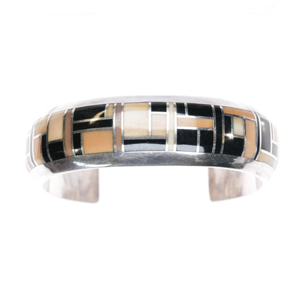 6.5" Jerry T Nelson Navajo Silver fossil/onyx cuff bracelet channel inlay - Estate Fresh Austin