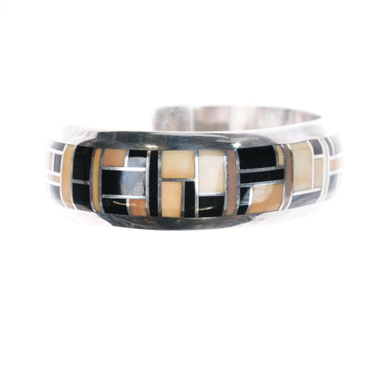 6.5" Jerry T Nelson Navajo Silver fossil/onyx cuff bracelet channel inlay - Estate Fresh Austin
