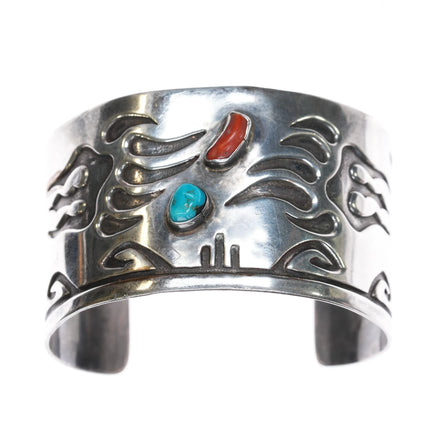 6.75" AY Navajo overlay Silver turquoise and coral bear claw cuff bracelet - Estate Fresh Austin