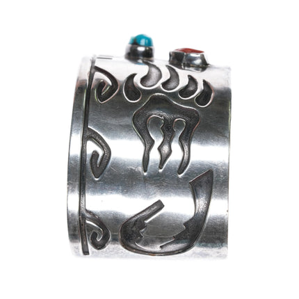 6.75" AY Navajo overlay Silver turquoise and coral bear claw cuff bracelet - Estate Fresh Austin