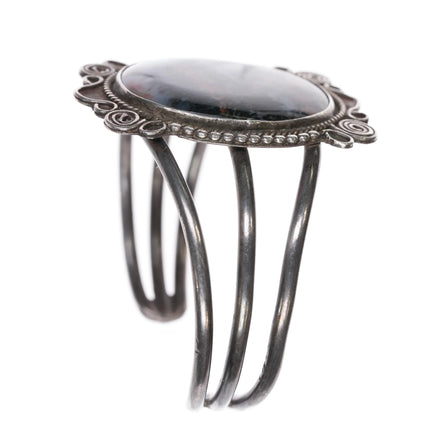 6.125" 1940's Navajo silver petrified wood agate triple shank cuff bracelet - Estate Fresh Austin