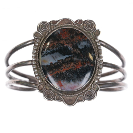 6.125" 1940's Navajo silver petrified wood agate triple shank cuff bracelet - Estate Fresh Austin