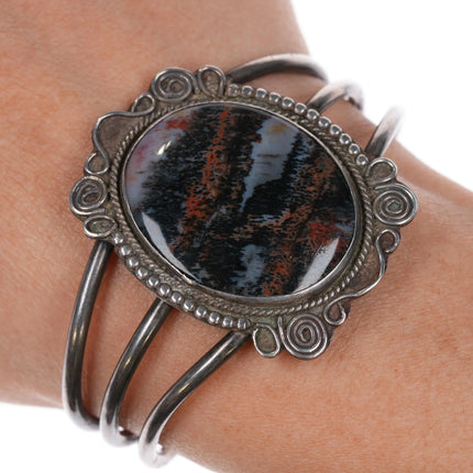 6.125" 1940's Navajo silver petrified wood agate triple shank cuff bracelet - Estate Fresh Austin