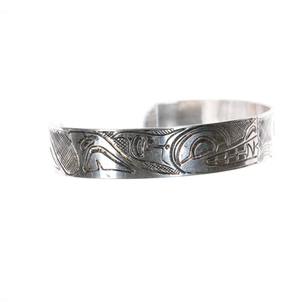 7" Very Nice Old Signed Tlingit silver hand carved cuff bracelet - Estate Fresh Austin