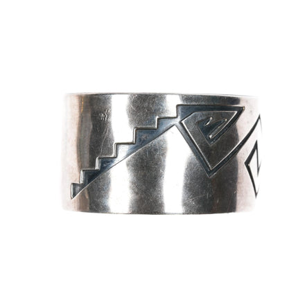 7" Vintage Navajo silver cuff bracelet with geometric overlay pattern - Estate Fresh Austin
