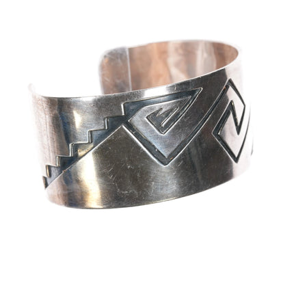 7" Vintage Navajo silver cuff bracelet with geometric overlay pattern - Estate Fresh Austin