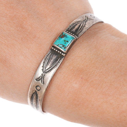6" c1920's Navajo ingot silver cuff bracelet with turquoise - Estate Fresh Austin