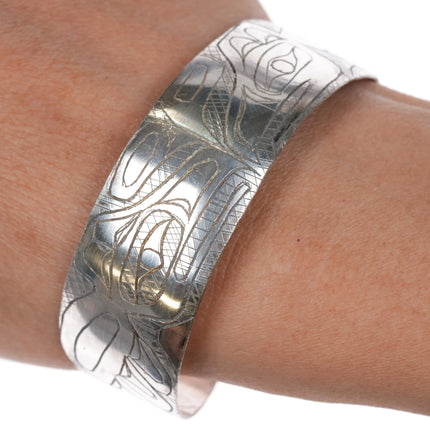 7" Crude Haida silver cuff bracelet xmas gift - Estate Fresh Austin