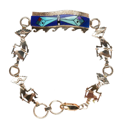 7.75" Herman Hoskie Navajo 14k gold Ghan Dancer turquoise/lapis inlay bracelet - Estate Fresh Austin