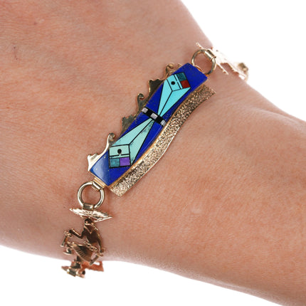 7.75" Herman Hoskie Navajo 14k gold Ghan Dancer turquoise/lapis inlay bracelet - Estate Fresh Austin