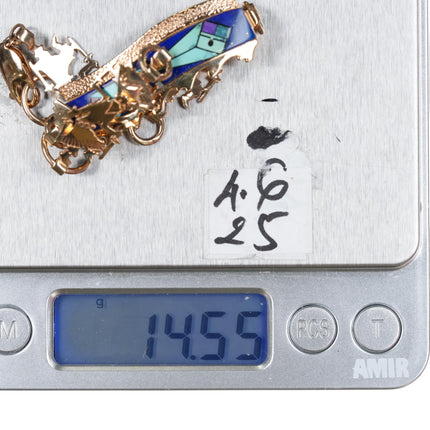 7.75" Herman Hoskie Navajo 14k gold Ghan Dancer turquoise/lapis inlay bracelet - Estate Fresh Austin