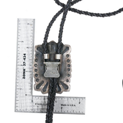 Harry Morgan Navajo sterling silver deep stamped bolo tie w/ turquoise - Estate Fresh Austin