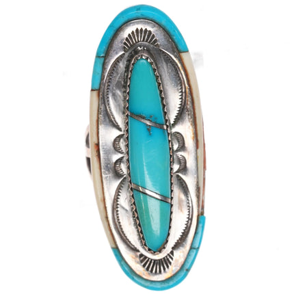 sz8 Early work Leo Yazzie Sterling silver high grade turquoise inlaid ring - Estate Fresh Austin