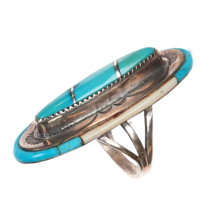 sz8 Early work Leo Yazzie Sterling silver high grade turquoise inlaid ring - Estate Fresh Austin