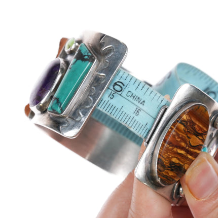 6.5" Victoria Masse Stoll silver turquoise, multi-stone/fossil art cuff bracelet - Estate Fresh Austin