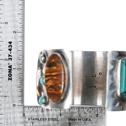 6.5" Victoria Masse Stoll silver turquoise, multi-stone/fossil art cuff bracelet - Estate Fresh Austin