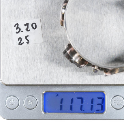 6.5" Victoria Masse Stoll silver turquoise, multi-stone/fossil art cuff bracelet - Estate Fresh Austin