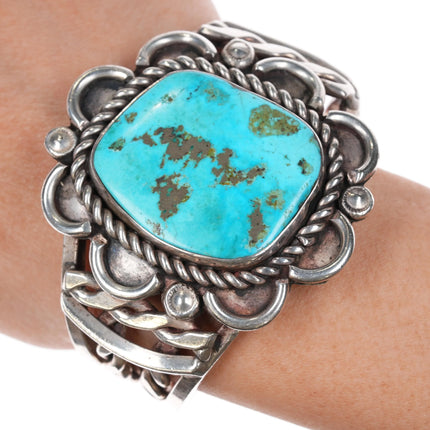 6.5" Heavy c1960's Vintage Navajo silver cuff bracelet with turquoise - Estate Fresh Austin