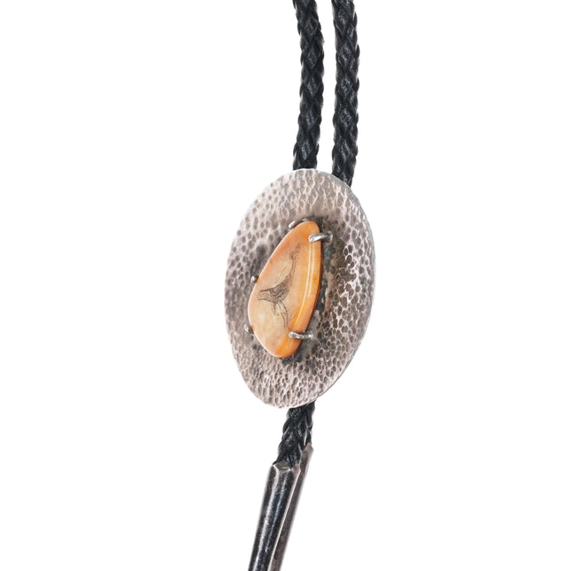 c1980 Hammered sterling silver carved fossil bolo tie - Estate Fresh Austin