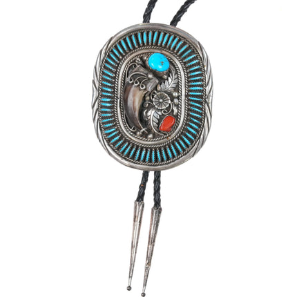 Large Jimmy Yazzie Navajo sterling coral, faux claw needlepoint bolo tie - Estate Fresh Austin