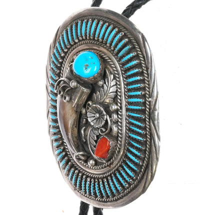 Large Jimmy Yazzie Navajo sterling coral, faux claw needlepoint bolo tie - Estate Fresh Austin