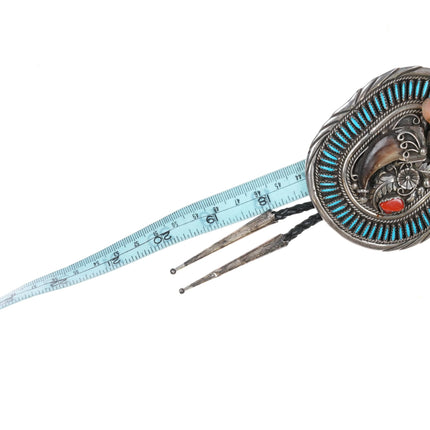 Large Jimmy Yazzie Navajo sterling coral, faux claw needlepoint bolo tie - Estate Fresh Austin