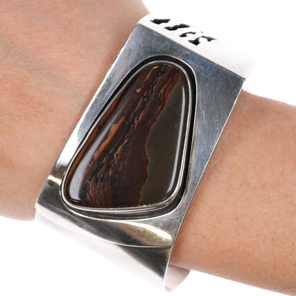 6.375" Vintage Southwest Sterling picture Jasper Modernist cuff bracelet - Estate Fresh Austin