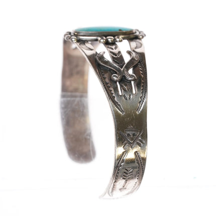 6.375" Vintage Bell Trading post sterling cuff bracelet w/long turquoise - Estate Fresh Austin