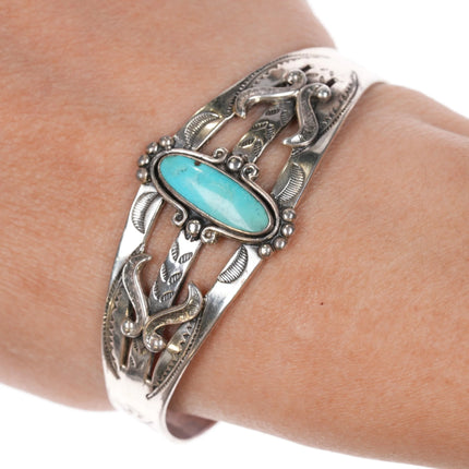 6.375" Vintage Bell Trading post sterling cuff bracelet w/long turquoise - Estate Fresh Austin