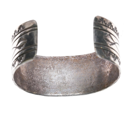 7" c1950's Navajo heavily stamped silver wide band cuff bracelet - Estate Fresh Austin