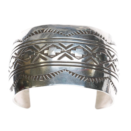 7.625" Rick Enriquez Navajo sterling heavily stamped silver wide cuff bracelet - Estate Fresh Austin