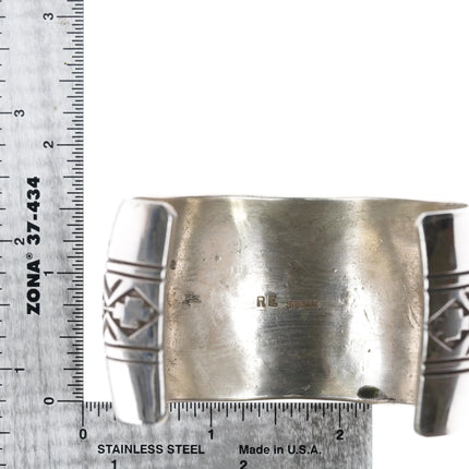 7.625" Rick Enriquez Navajo sterling heavily stamped silver wide cuff bracelet - Estate Fresh Austin