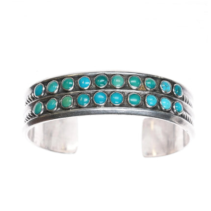 6.25" 30's-40's 2 Row Snake eye turquoise stamped rope side silver cuff bracelet - Estate Fresh Austin