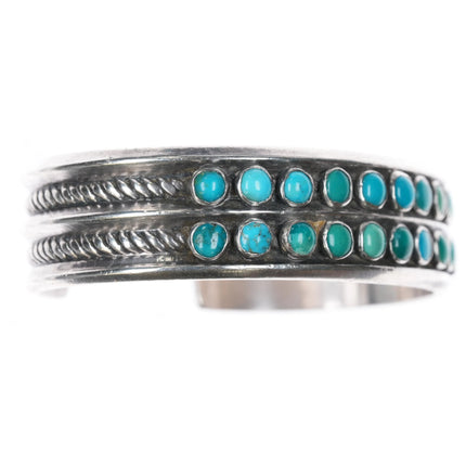 6.25" 30's-40's 2 Row Snake eye turquoise stamped rope side silver cuff bracelet - Estate Fresh Austin