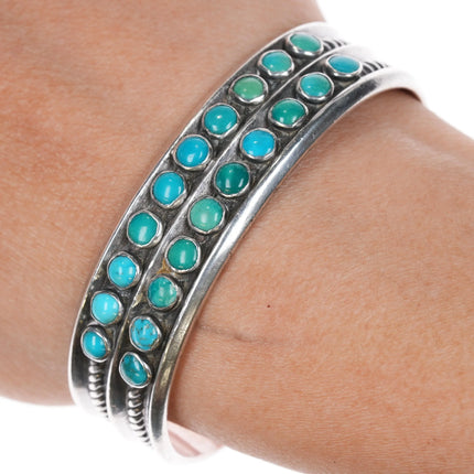 6.25" 30's-40's 2 Row Snake eye turquoise stamped rope side silver cuff bracelet - Estate Fresh Austin